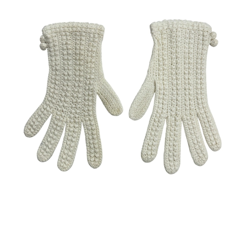 Vintage Victorian Dainty Crochet Knit Pom Pom Wrist Length Gloves S Cream